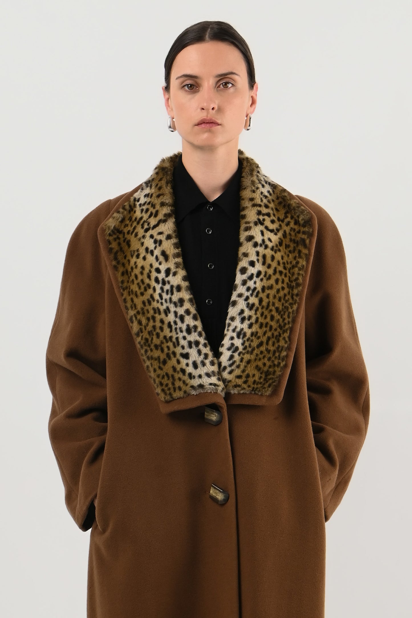 Piudonna – Manteau laine & angora à col léopard