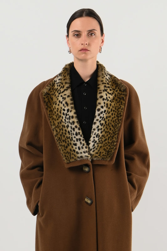 Piudonna – Manteau laine & angora à col léopard