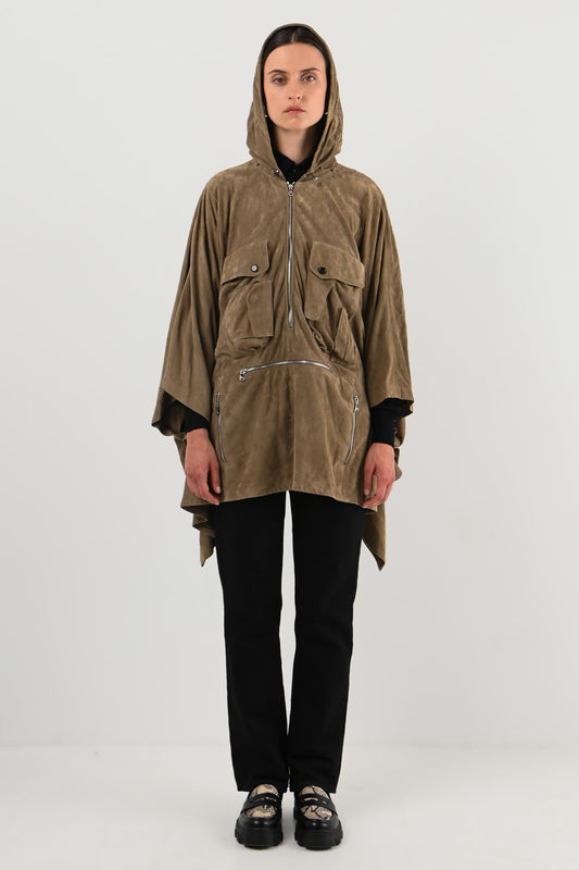 Ralph Lauren – Poncho à capuche en daim taupe