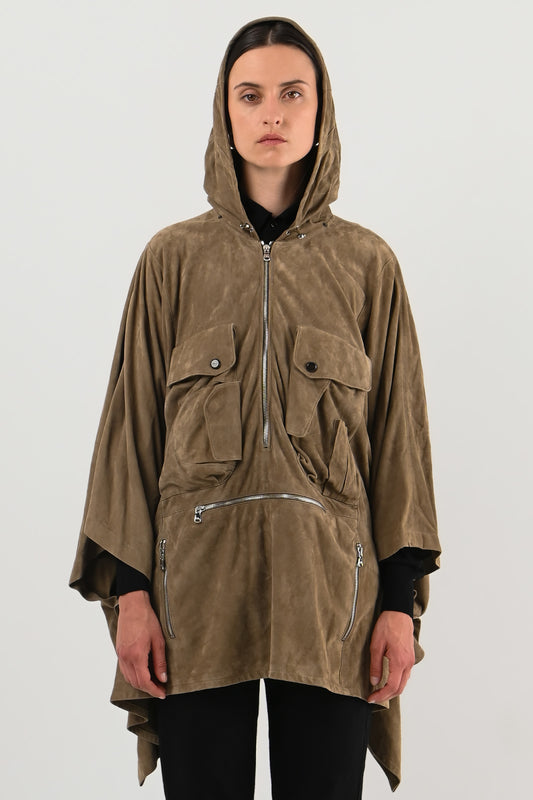 Ralph Lauren – Poncho à capuche en daim taupe