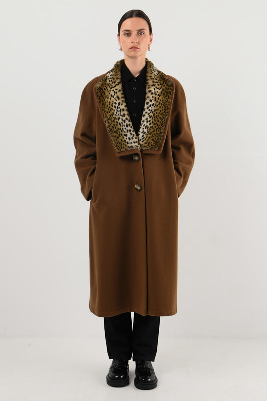 Piudonna – Manteau laine & angora à col léopard