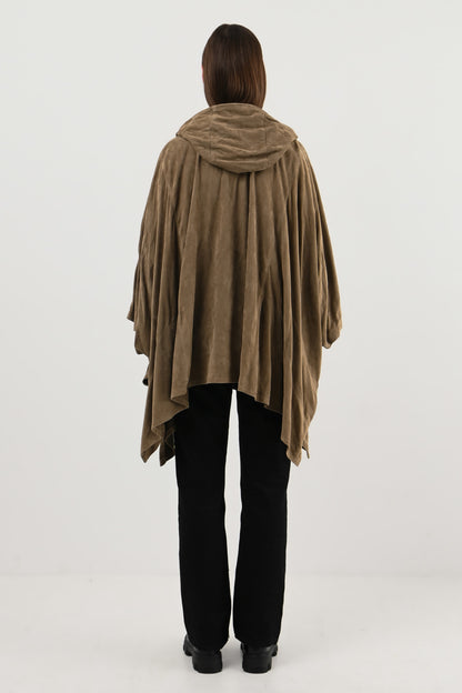 Ralph Lauren – Poncho à capuche en daim taupe